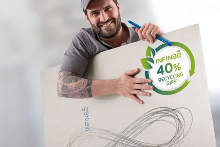 Rigips Infinaé – Die Bauplatte mit 40 % Recyclinggips Rigips Infinaé – Die Bauplatte mit 40 % Recyclinggips